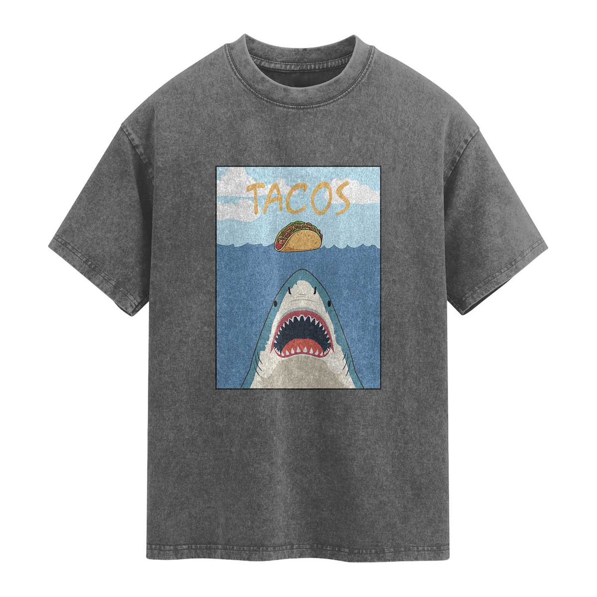 Funny Tacos Lover Washed Cotton T-Shirt Shark Attack Humor Gift