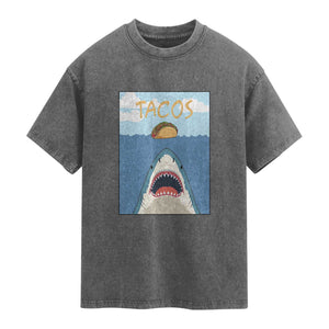 Funny Tacos Lover Washed Cotton T-Shirt Shark Attack Humor Gift