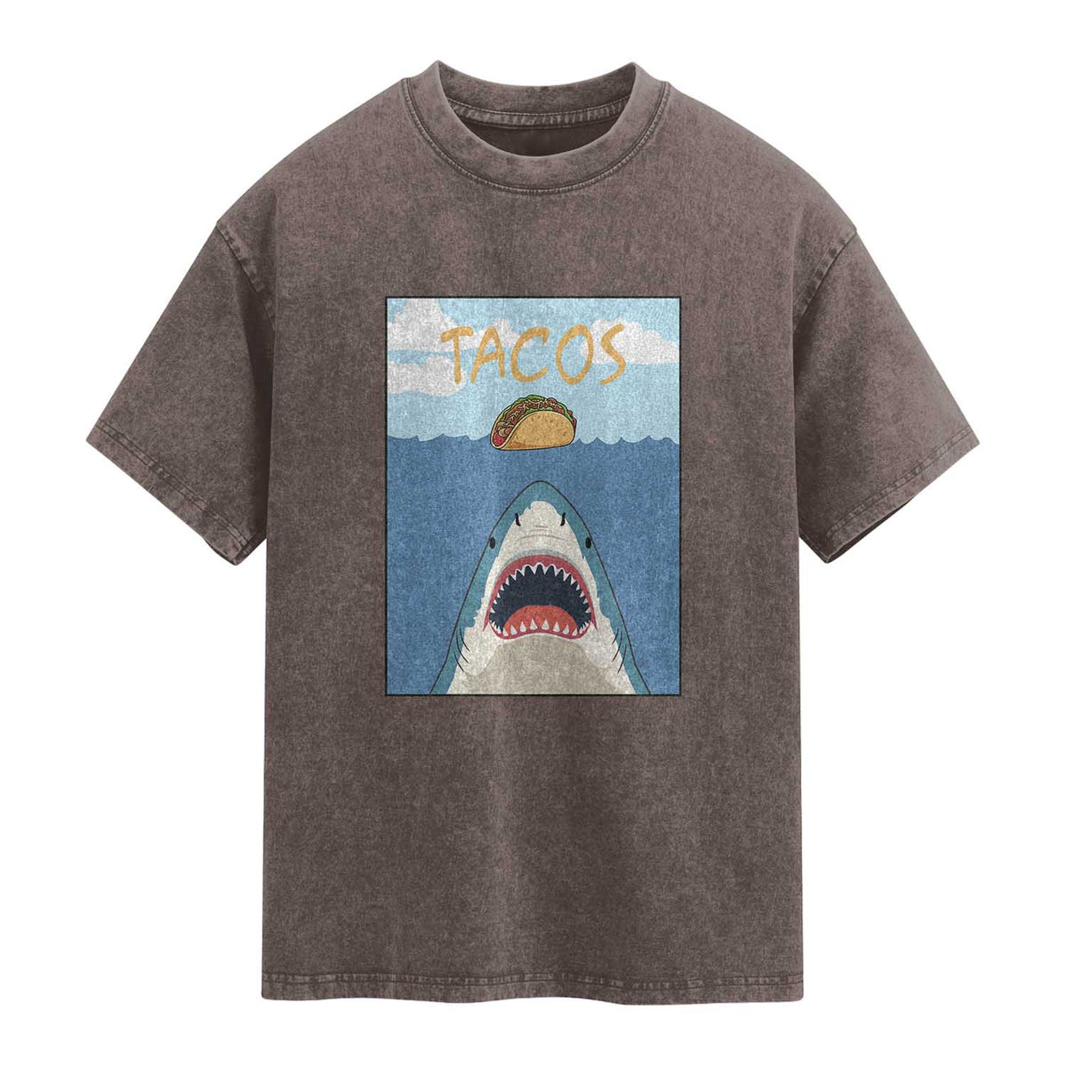 Funny Tacos Lover Washed Cotton T-Shirt Shark Attack Humor Gift
