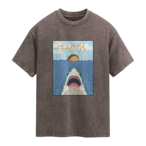 Funny Tacos Lover Washed Cotton T-Shirt Shark Attack Humor Gift