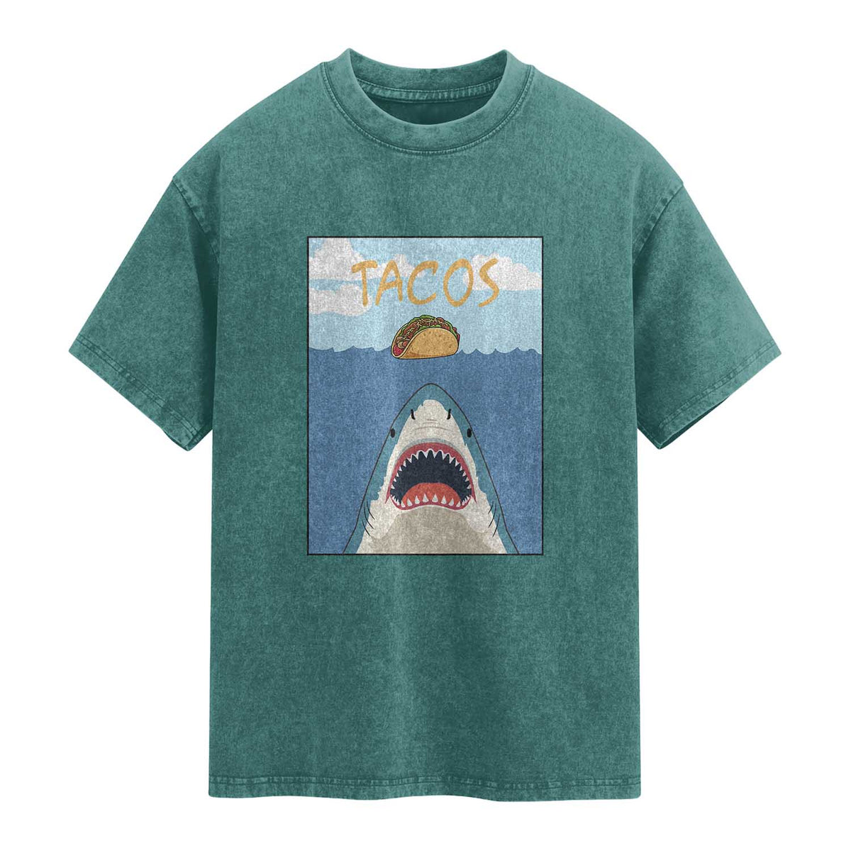 Funny Tacos Lover Washed Cotton T-Shirt Shark Attack Humor Gift
