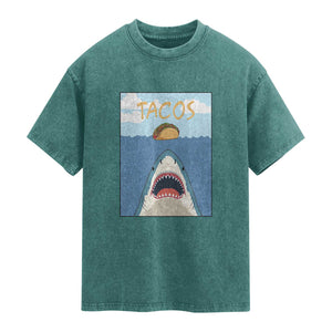 Funny Tacos Lover Washed Cotton T-Shirt Shark Attack Humor Gift