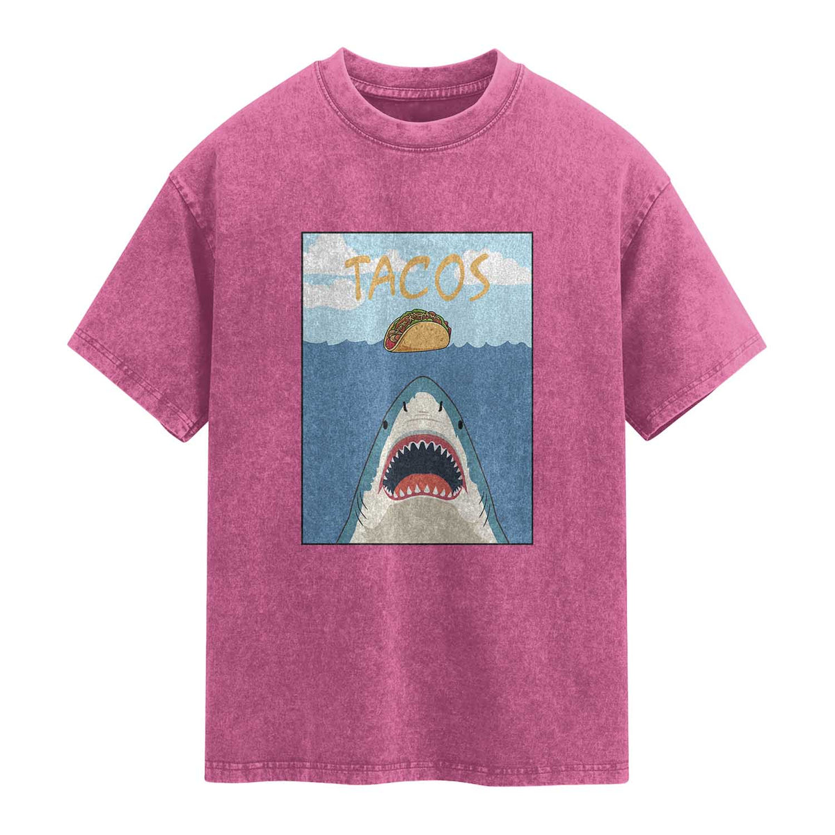 Funny Tacos Lover Washed Cotton T-Shirt Shark Attack Humor Gift
