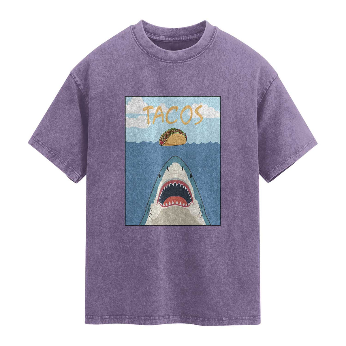 Funny Tacos Lover Washed Cotton T-Shirt Shark Attack Humor Gift