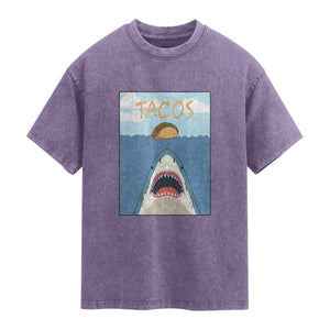 Funny Tacos Lover Washed Cotton T-Shirt Shark Attack Humor Gift