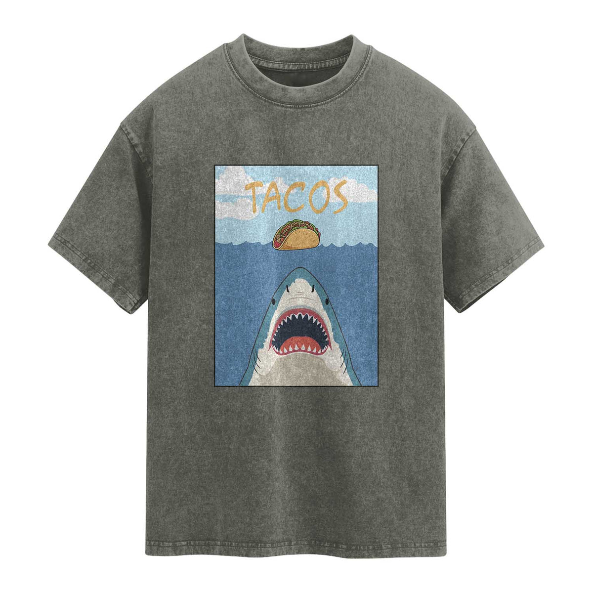 Funny Tacos Lover Washed Cotton T-Shirt Shark Attack Humor Gift