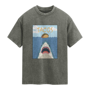 Funny Tacos Lover Washed Cotton T-Shirt Shark Attack Humor Gift
