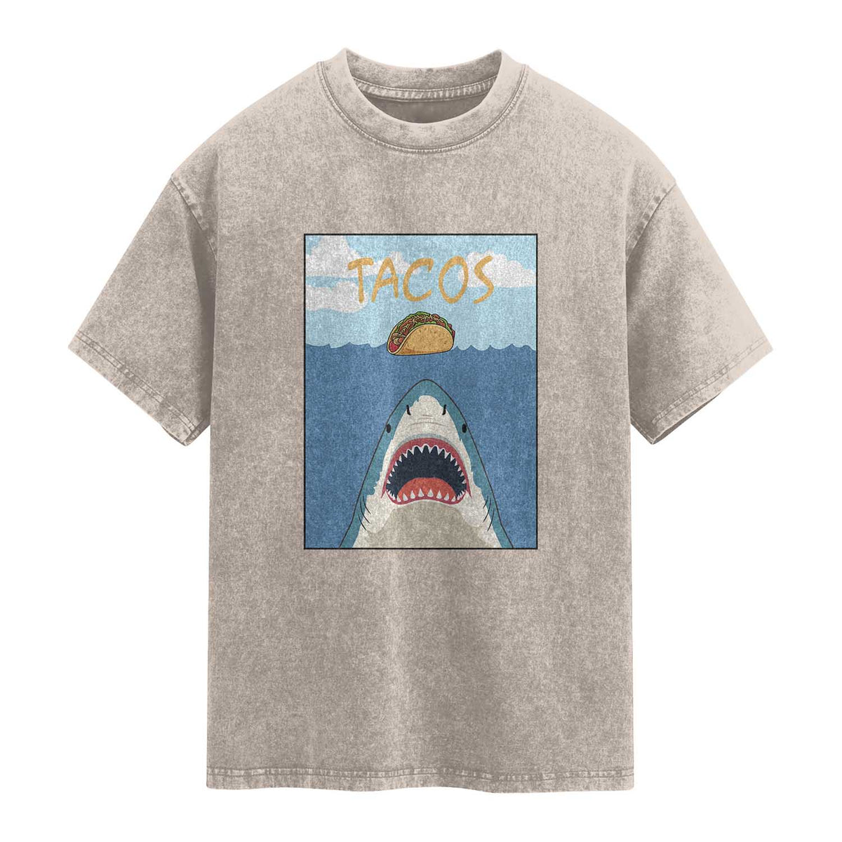 Funny Tacos Lover Washed Cotton T-Shirt Shark Attack Humor Gift