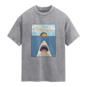 Funny Tacos Lover Washed Cotton T-Shirt Shark Attack Humor Gift