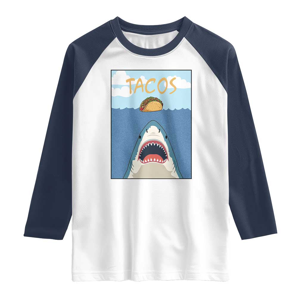 Funny Tacos Lover Raglan Shirt Shark Attack Humor Gift TS12 White Navy Print Your Wear