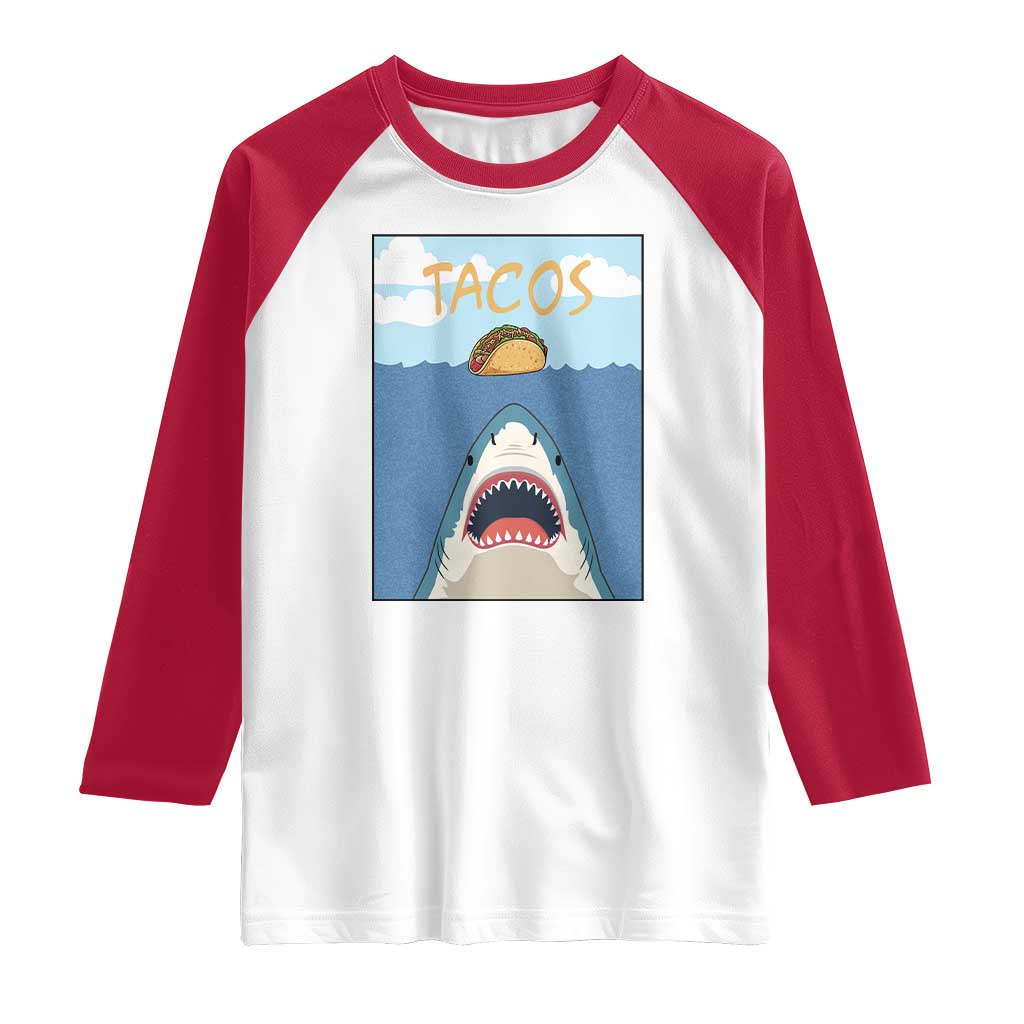 Funny Tacos Lover Raglan Shirt Shark Attack Humor Gift TS12 White Red Print Your Wear