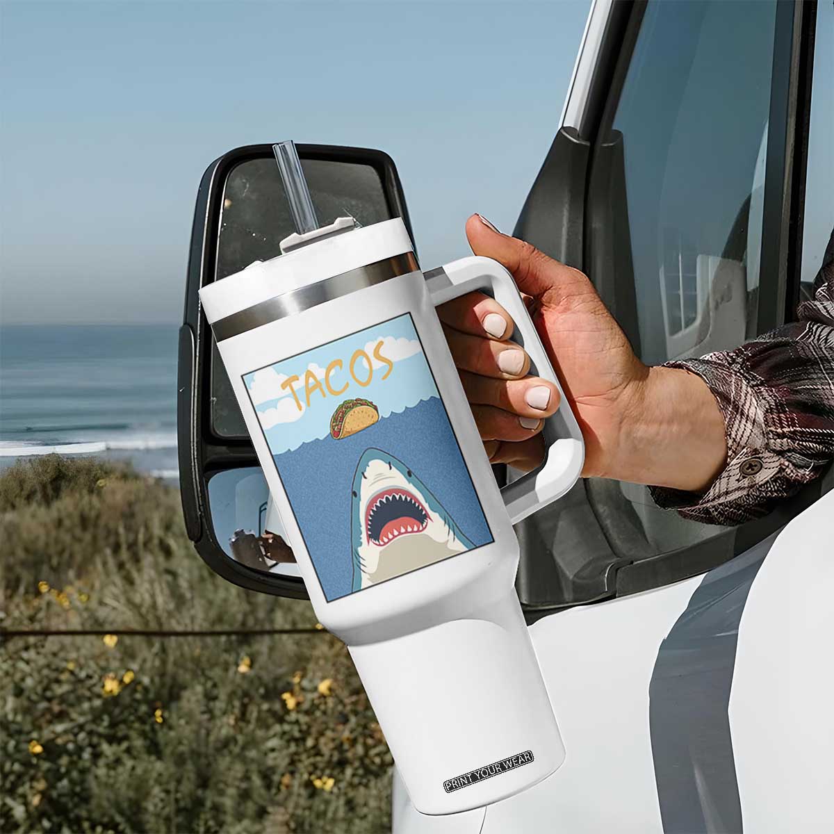 Funny Tacos Lover Tumbler With Handle Shark Attack Humor Gift TS12 Print Your Wear