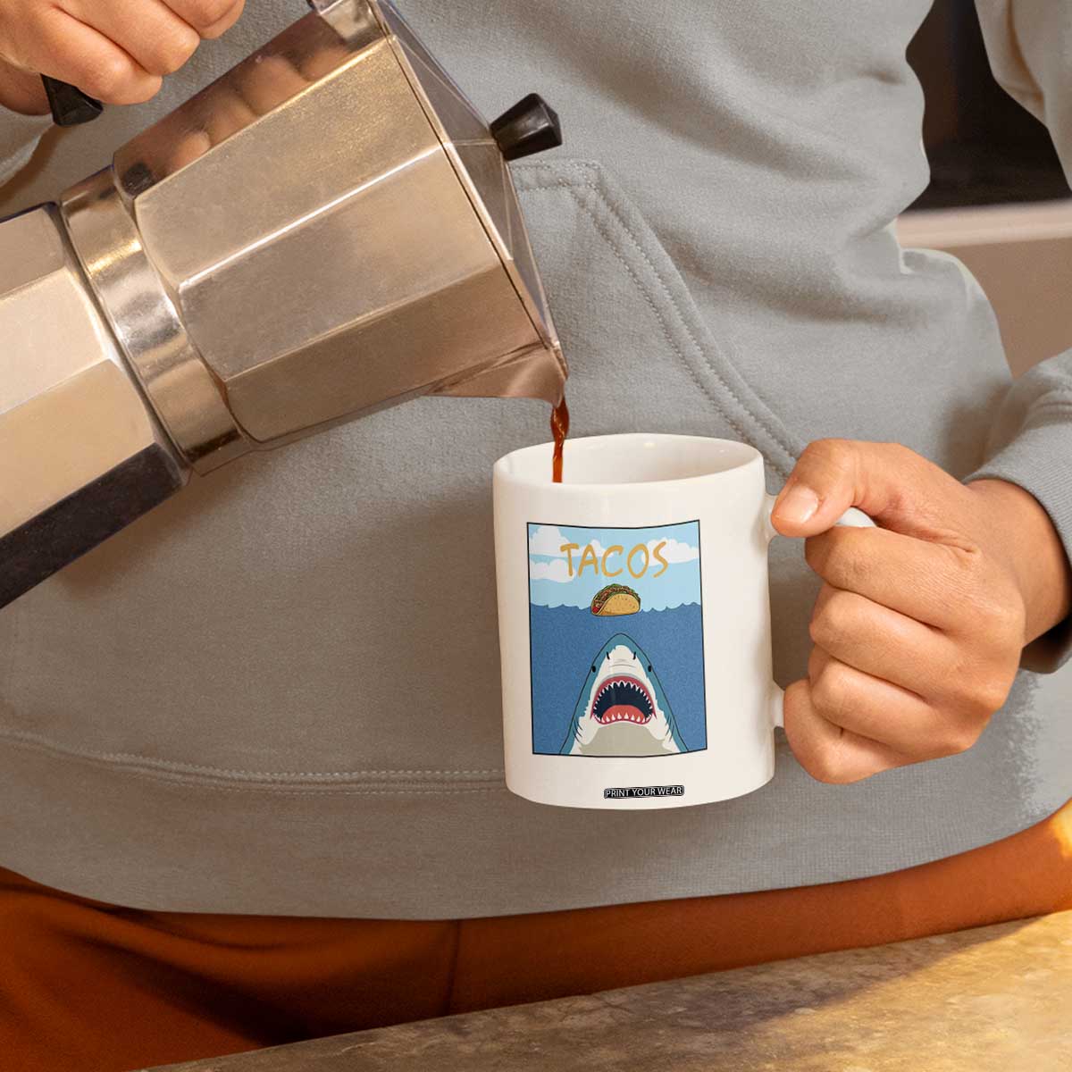 Funny Tacos Lover Coffee Mug Shark Attack Humor Gift TS12 Print Your Wear