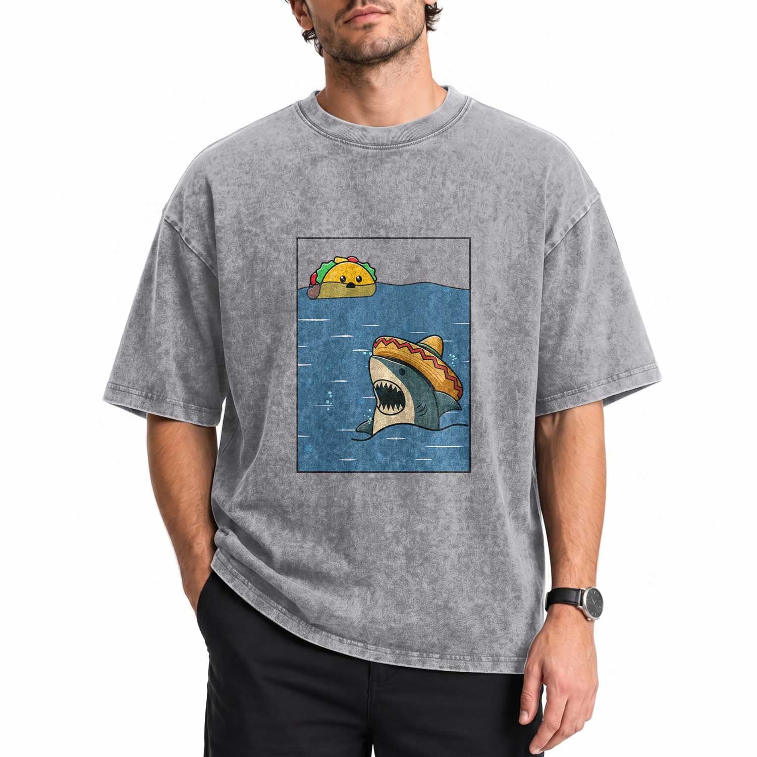 Tacos Lover Washed Cotton T-Shirt Funny Shark Humor Foodie Gift