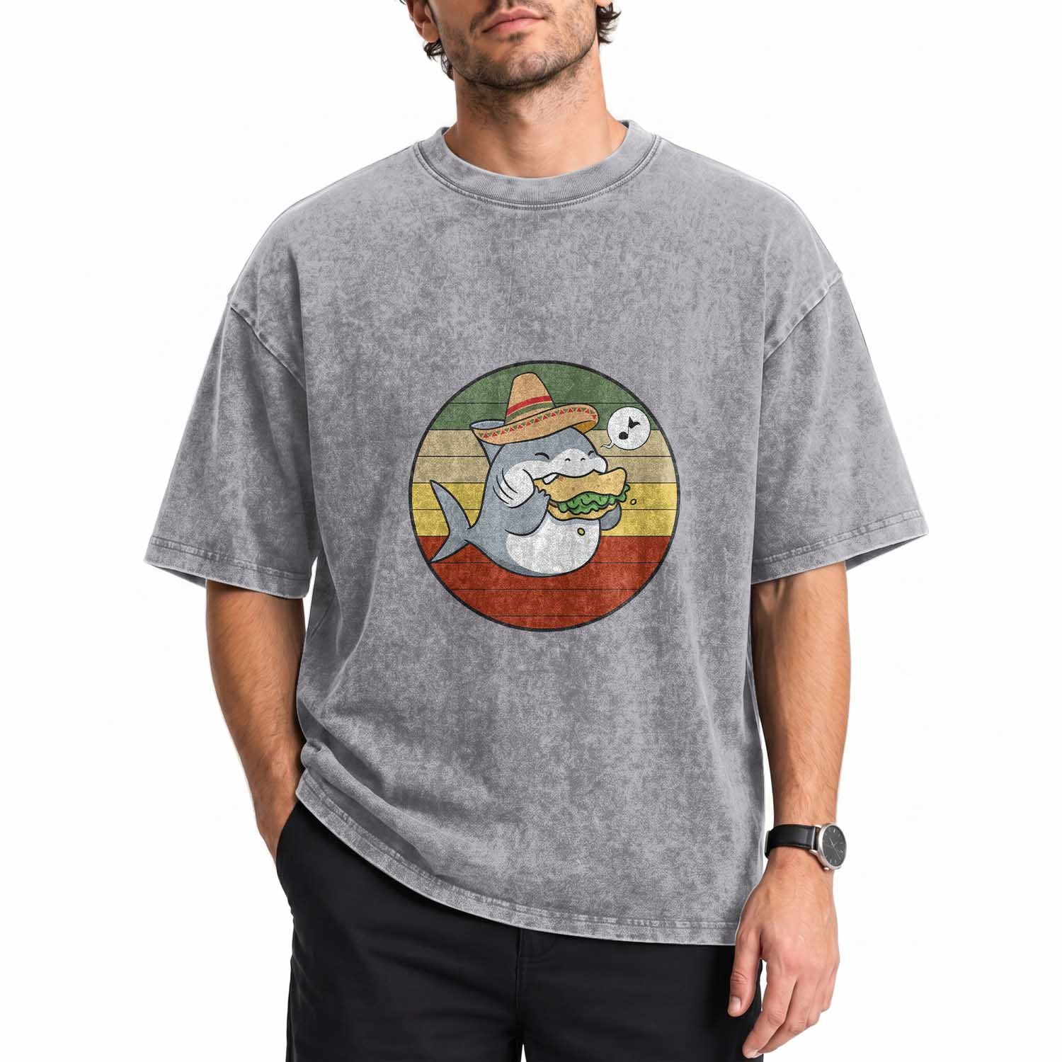 Mexican Food Lover Gift Washed Cotton T-Shirt Funny Shark Eating Tacos