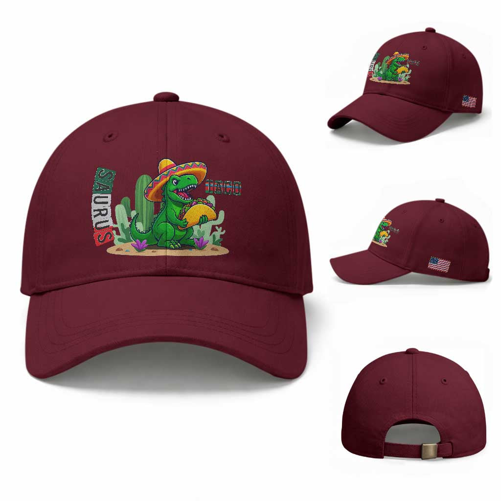 Mexican Food Lover Gift Baseball Cap Funny Dinosaur Taco Saurus TS12 Baseball Cap Universal Fit Maroon Print Your Wear