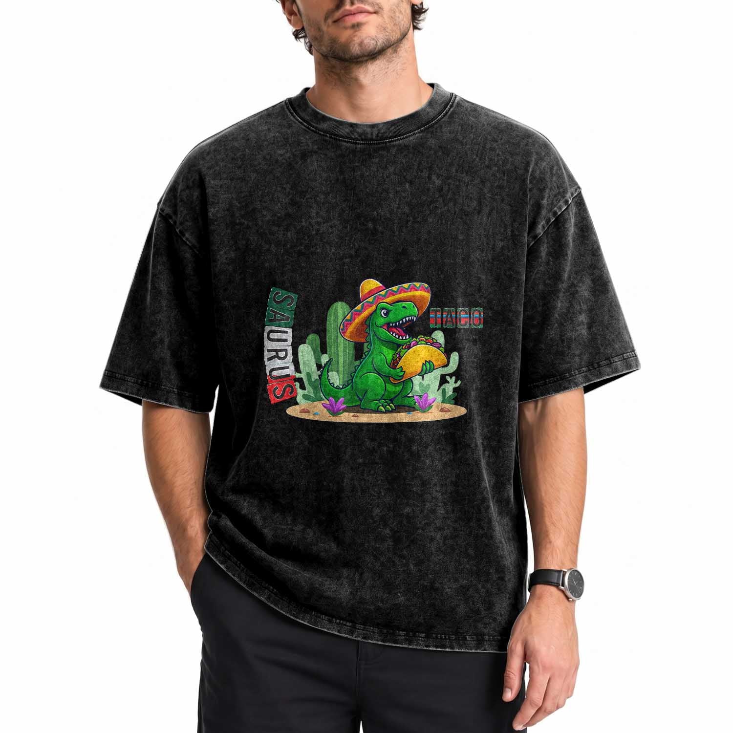Mexican Food Lover Gift Washed Cotton T-Shirt Funny Dinosaur Taco Saurus