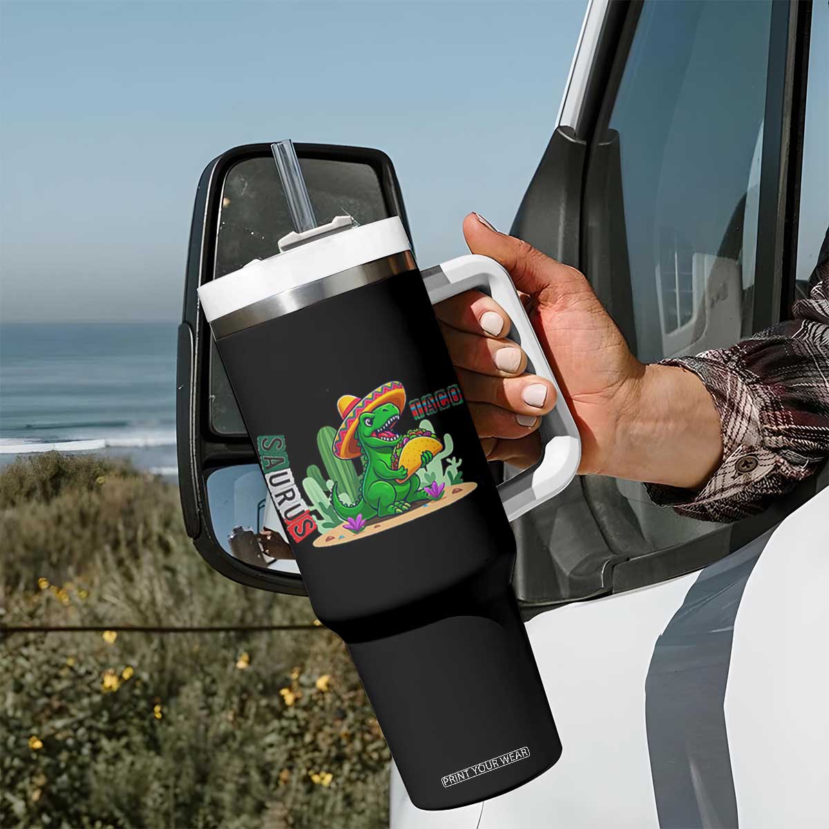 Mexican Food Lover Gift Tumbler With Handle Funny Dinosaur Taco Saurus TS12 Print Your Wear