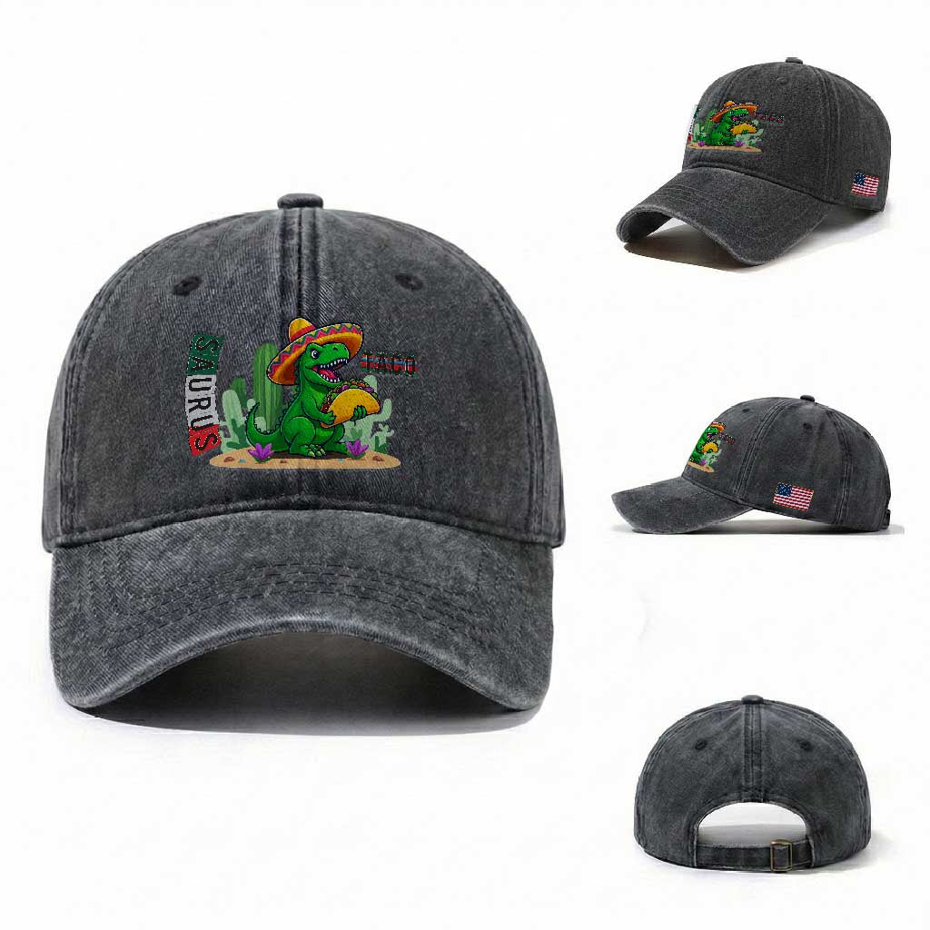 Mexican Food Lover Gift Washed Cotton Baseball Cap Funny Dinosaur Taco Saurus TS12 Washed Cap Universal Fit Dark Gray Print Your Wear