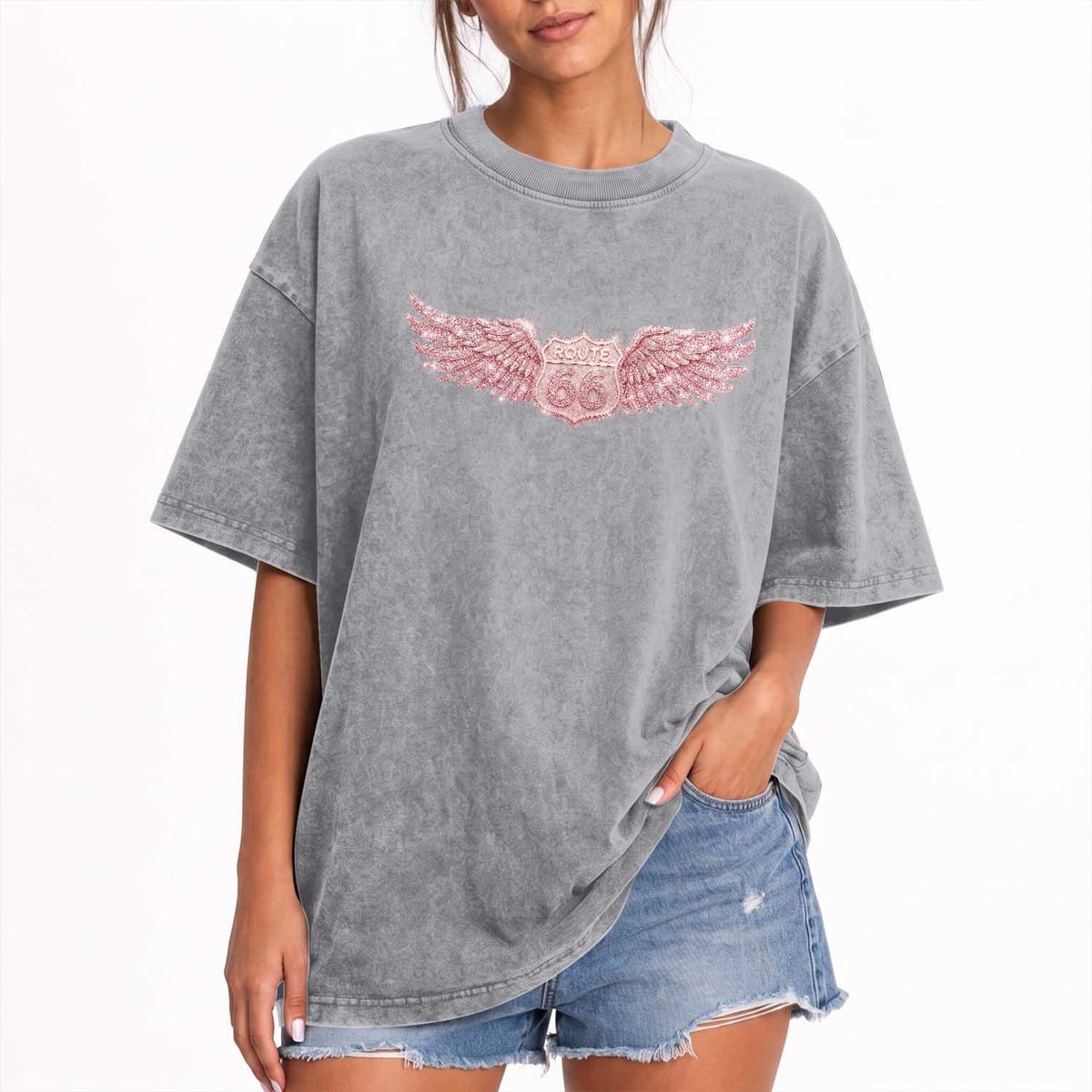 Pink Glitter Effect Route Highway 66 Washed Cotton T-Shirt Road Trip Motorcycle Adventure