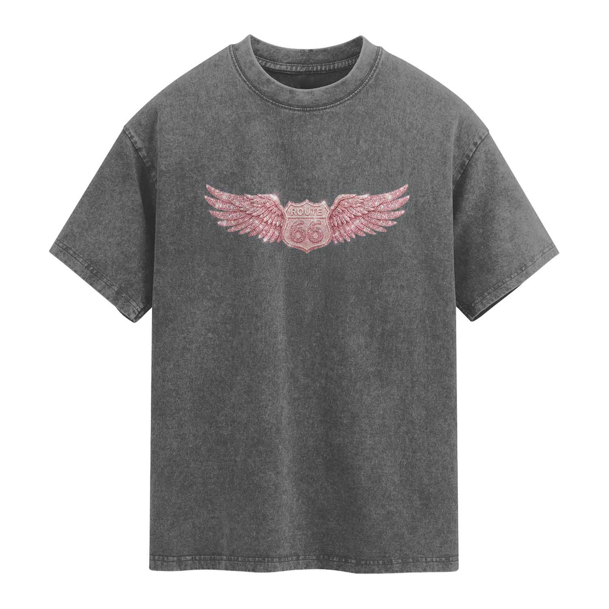Pink Glitter Effect Route Highway 66 Washed Cotton T-Shirt Road Trip Motorcycle Adventure