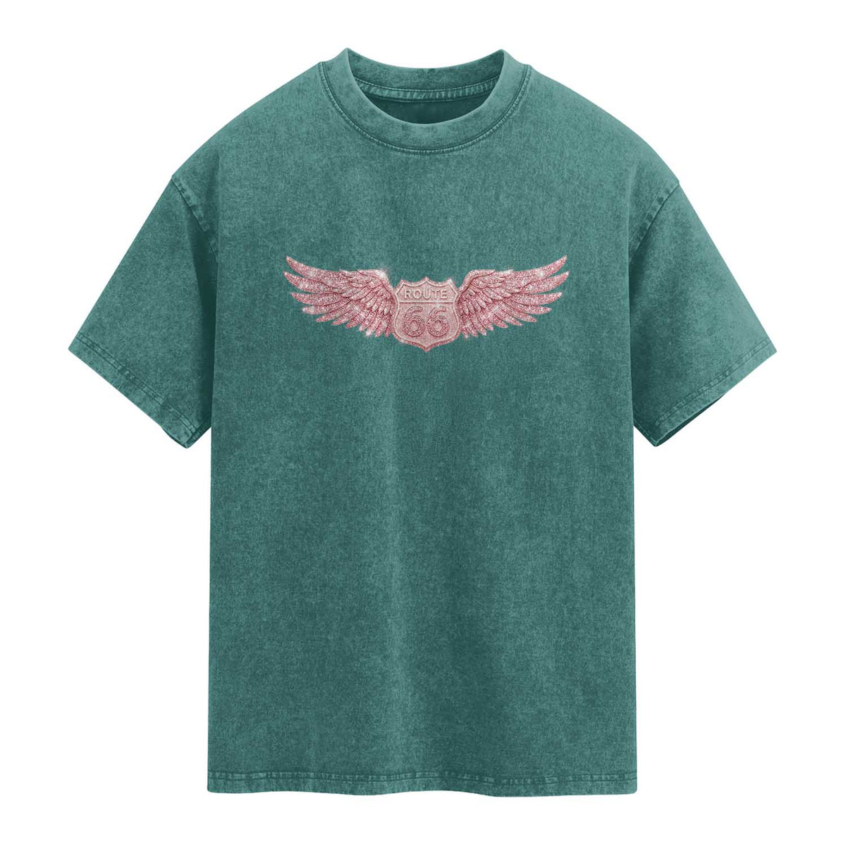 Pink Glitter Effect Route Highway 66 Washed Cotton T-Shirt Road Trip Motorcycle Adventure