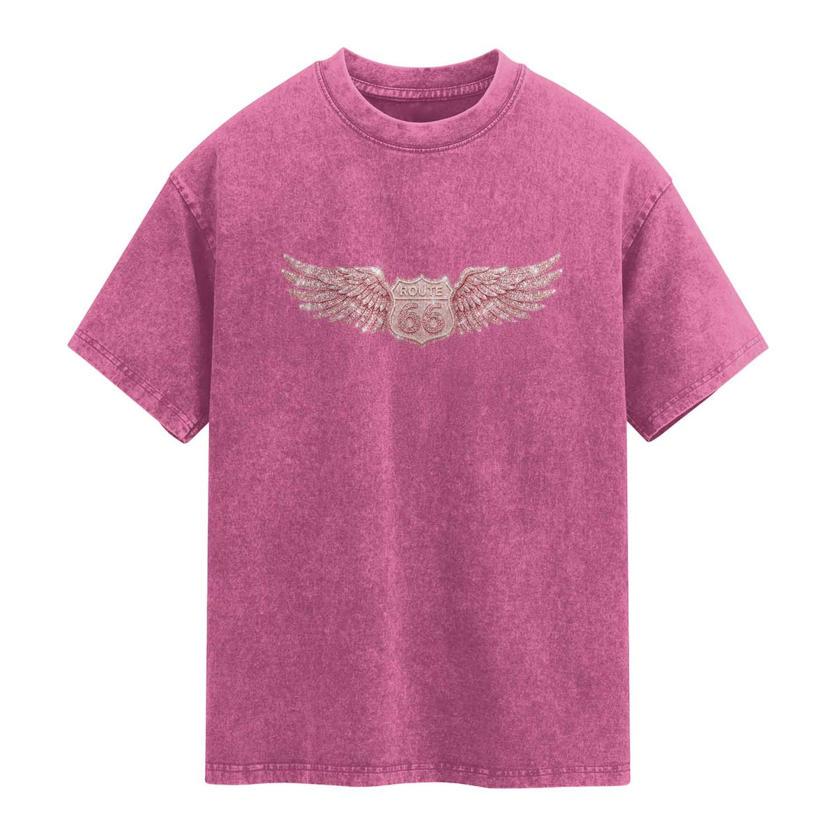 Pink Glitter Effect Route Highway 66 Washed Cotton T-Shirt Road Trip Motorcycle Adventure