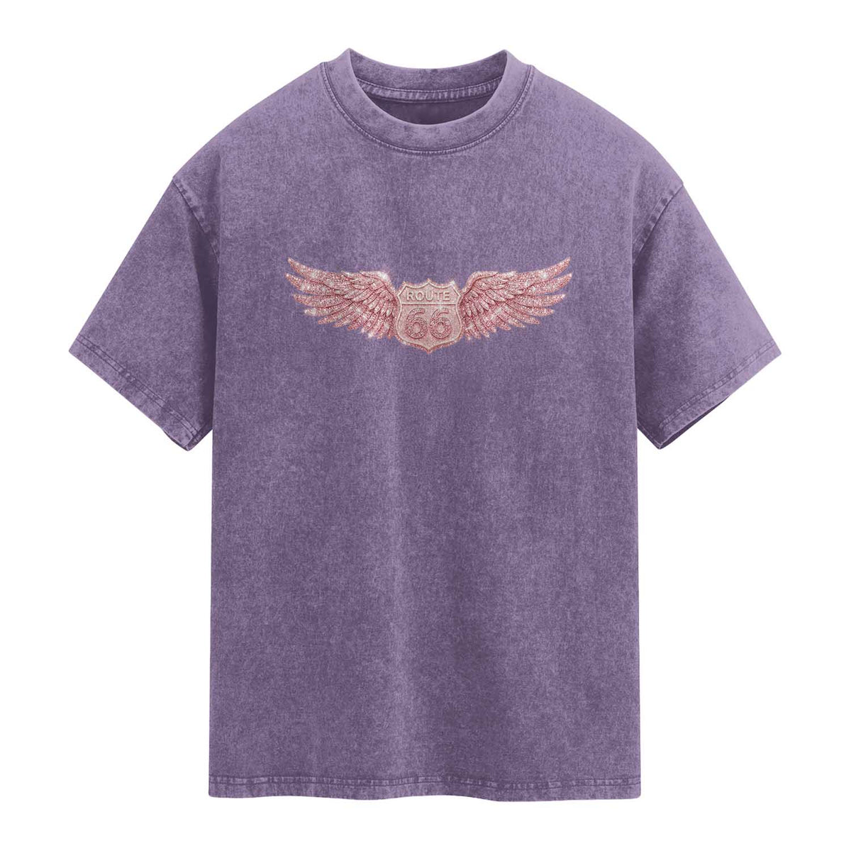 Pink Glitter Effect Route Highway 66 Washed Cotton T-Shirt Road Trip Motorcycle Adventure