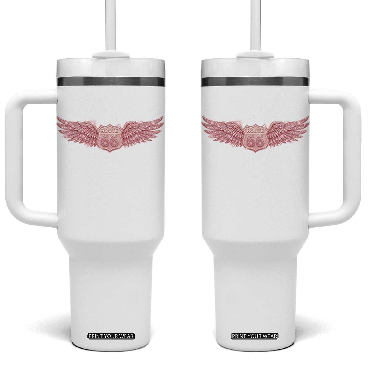 Pink Glitter Effect Route Highway 66 Tumbler With Handle Road Trip Motorcycle Adventure
