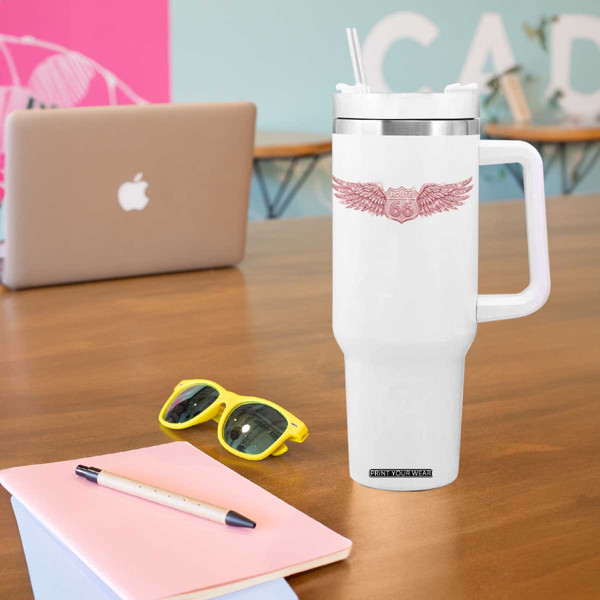 Pink Glitter Effect Route Highway 66 Tumbler With Handle Road Trip Motorcycle Adventure