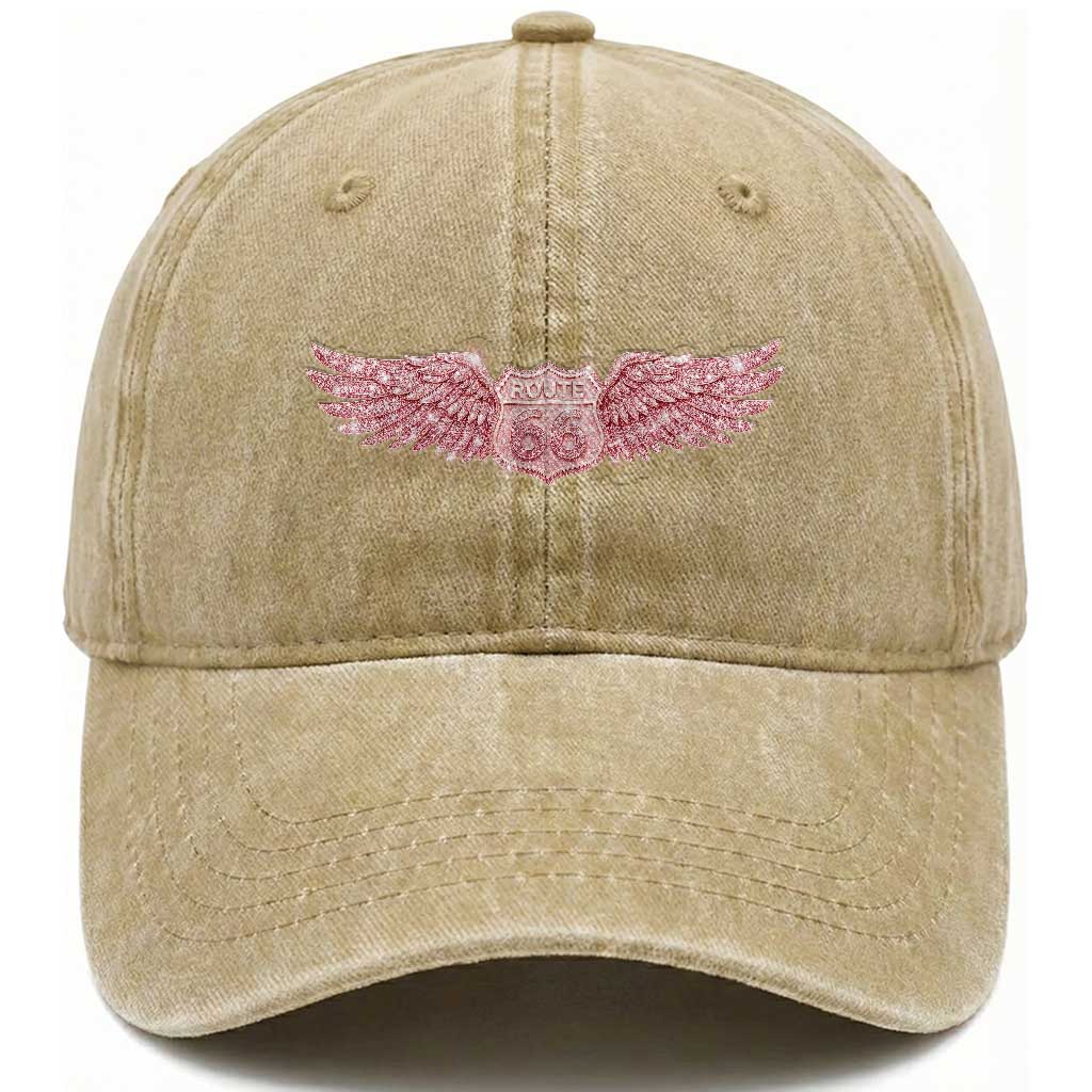 Pink Glitter Effect Route Highway 66 Washed Cotton Baseball Cap Road Trip Motorcycle Adventure