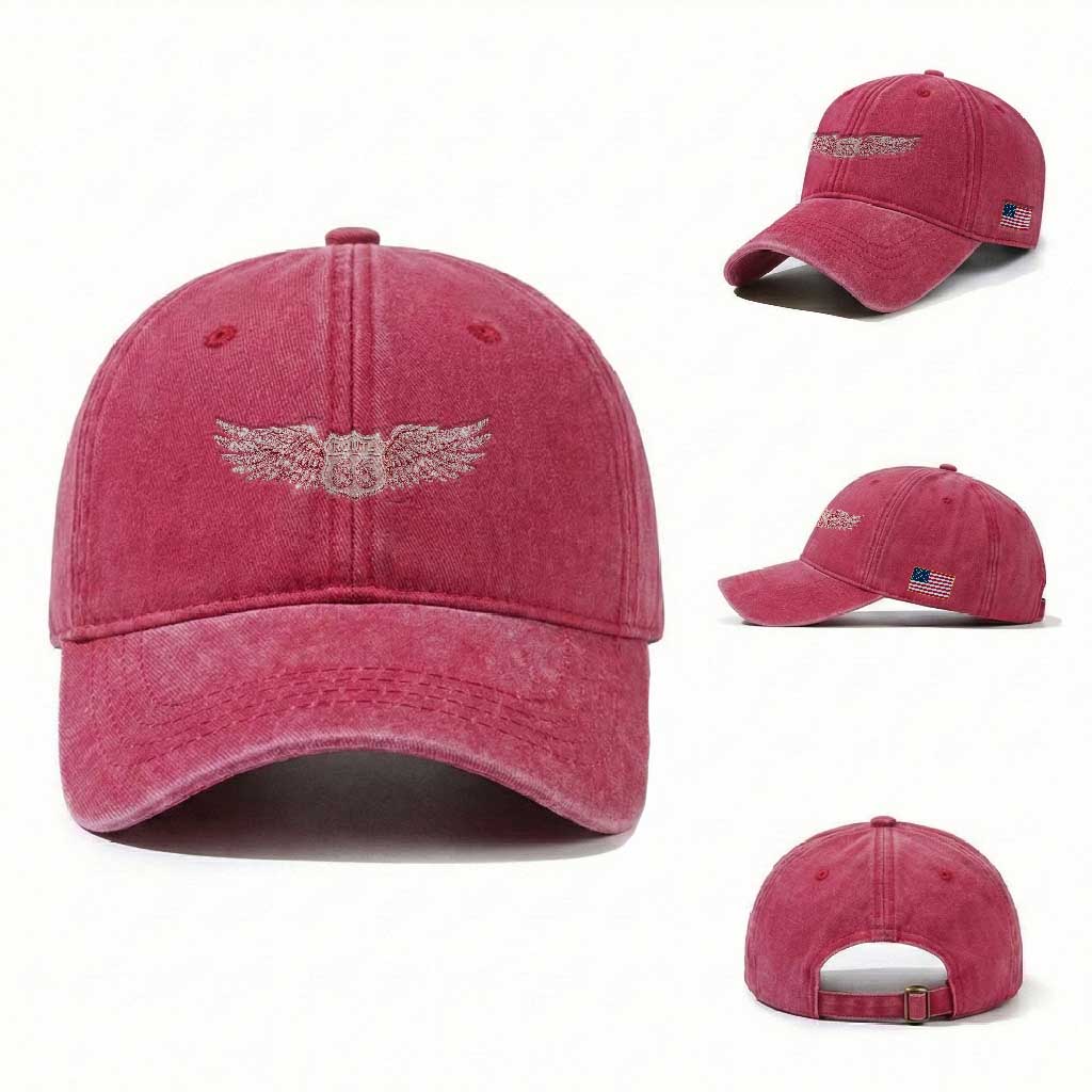 Pink Glitter Effect Route Highway 66 Washed Cotton Baseball Cap Road Trip Motorcycle Adventure