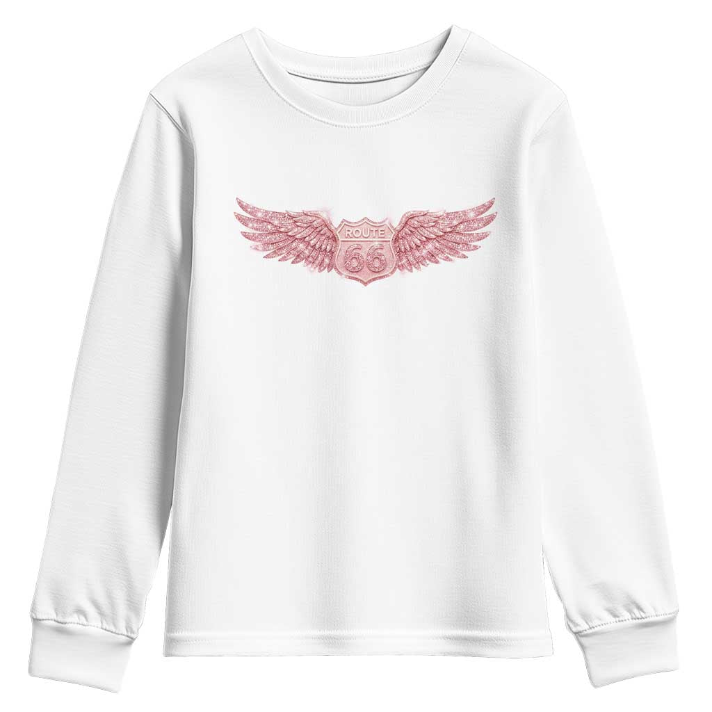 Pink Glitter Effect Route Highway 66 Youth Sweatshirt Road Trip Motorcycle Adventure
