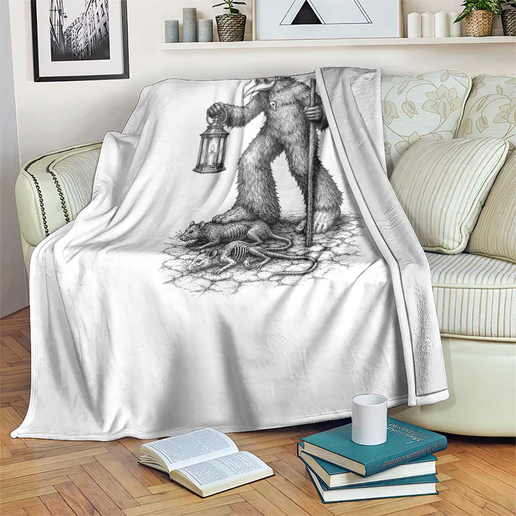 Gothic Plague Doctor Bigfoot Throw Blanket Horror Cryptid Spooky Folklore