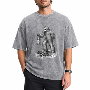 Gothic Plague Doctor Bigfoot Washed Cotton T-Shirt Horror Cryptid Spooky Folklore