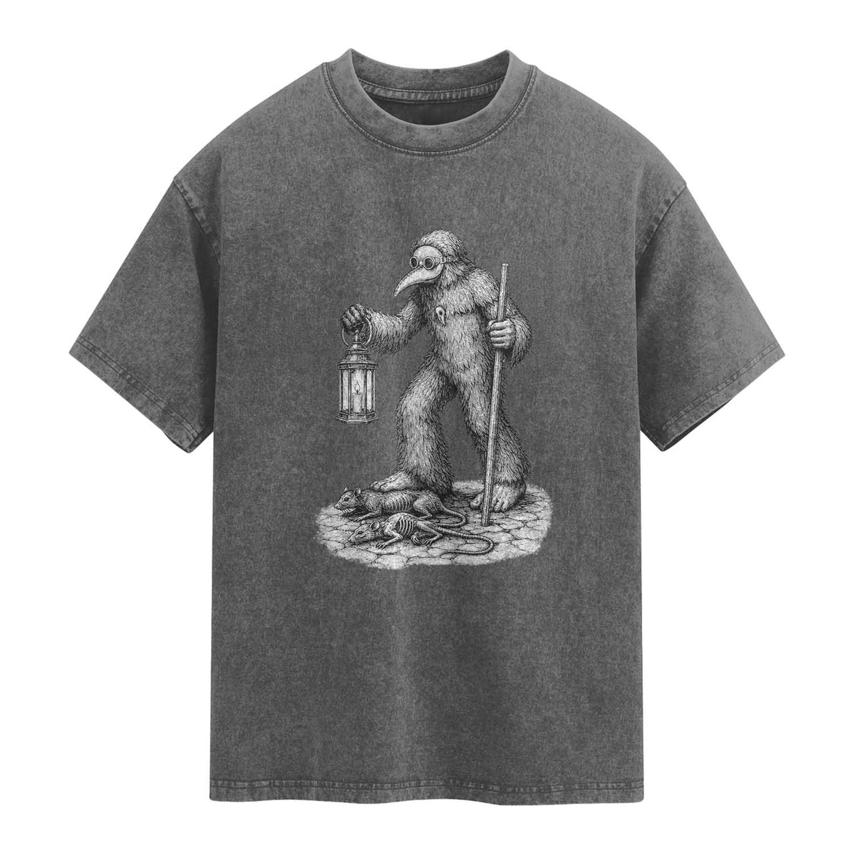 Gothic Plague Doctor Bigfoot Washed Cotton T-Shirt Horror Cryptid Spooky Folklore