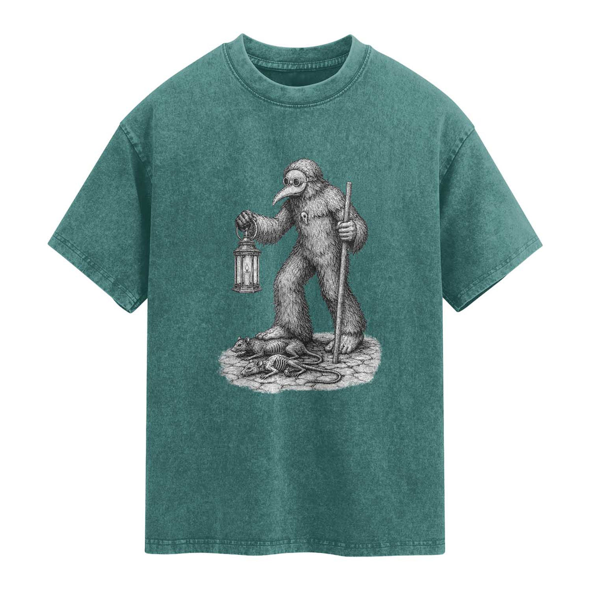Gothic Plague Doctor Bigfoot Washed Cotton T-Shirt Horror Cryptid Spooky Folklore