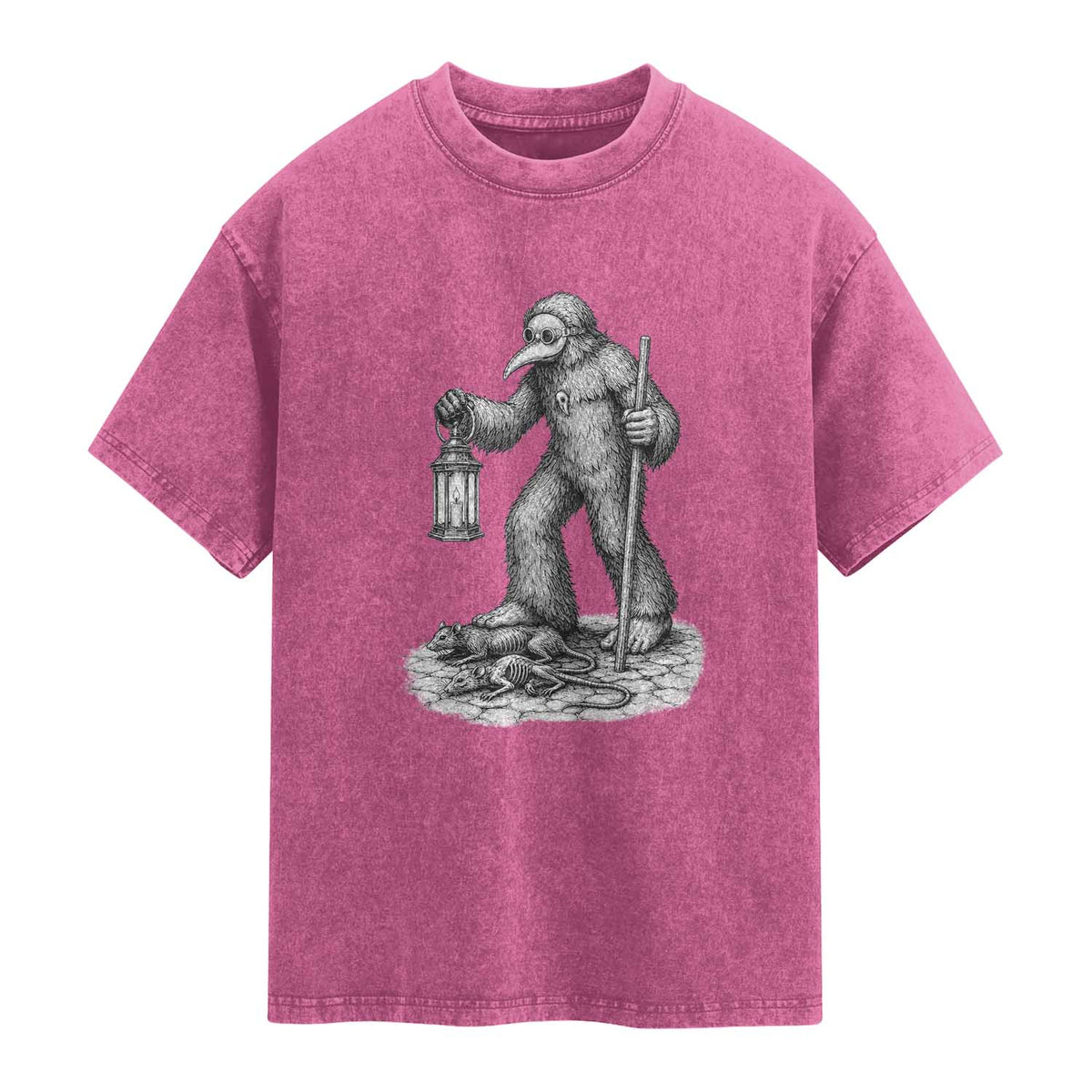 Gothic Plague Doctor Bigfoot Washed Cotton T-Shirt Horror Cryptid Spooky Folklore