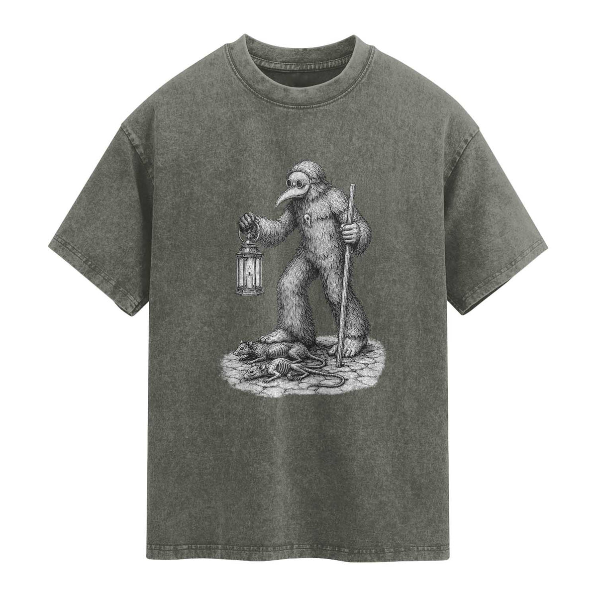 Gothic Plague Doctor Bigfoot Washed Cotton T-Shirt Horror Cryptid Spooky Folklore