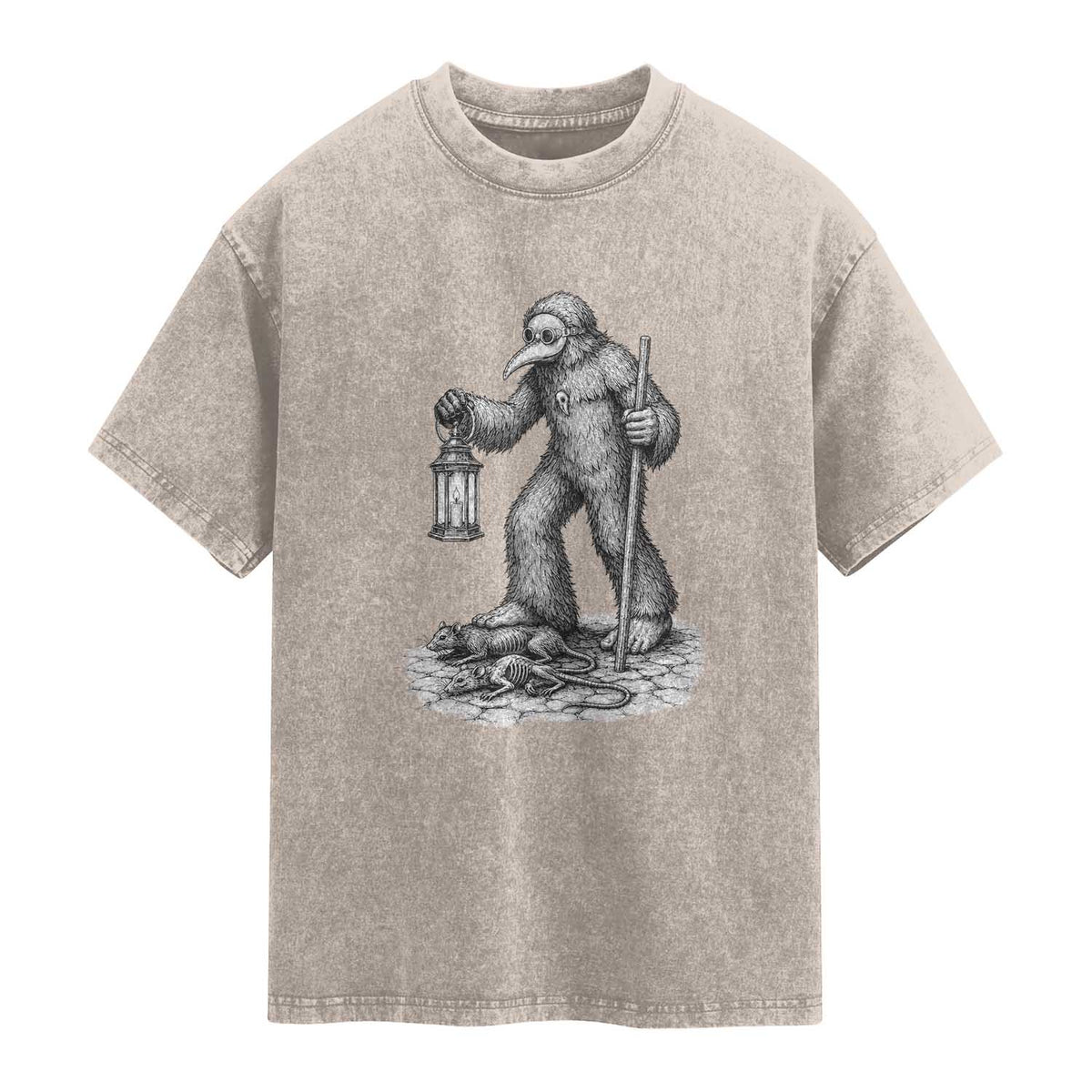 Gothic Plague Doctor Bigfoot Washed Cotton T-Shirt Horror Cryptid Spooky Folklore