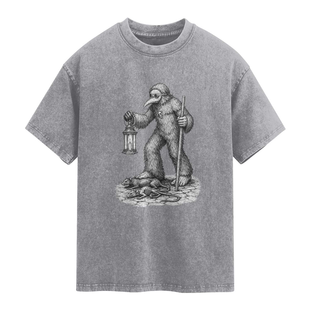 Gothic Plague Doctor Bigfoot Washed Cotton T-Shirt Horror Cryptid Spooky Folklore