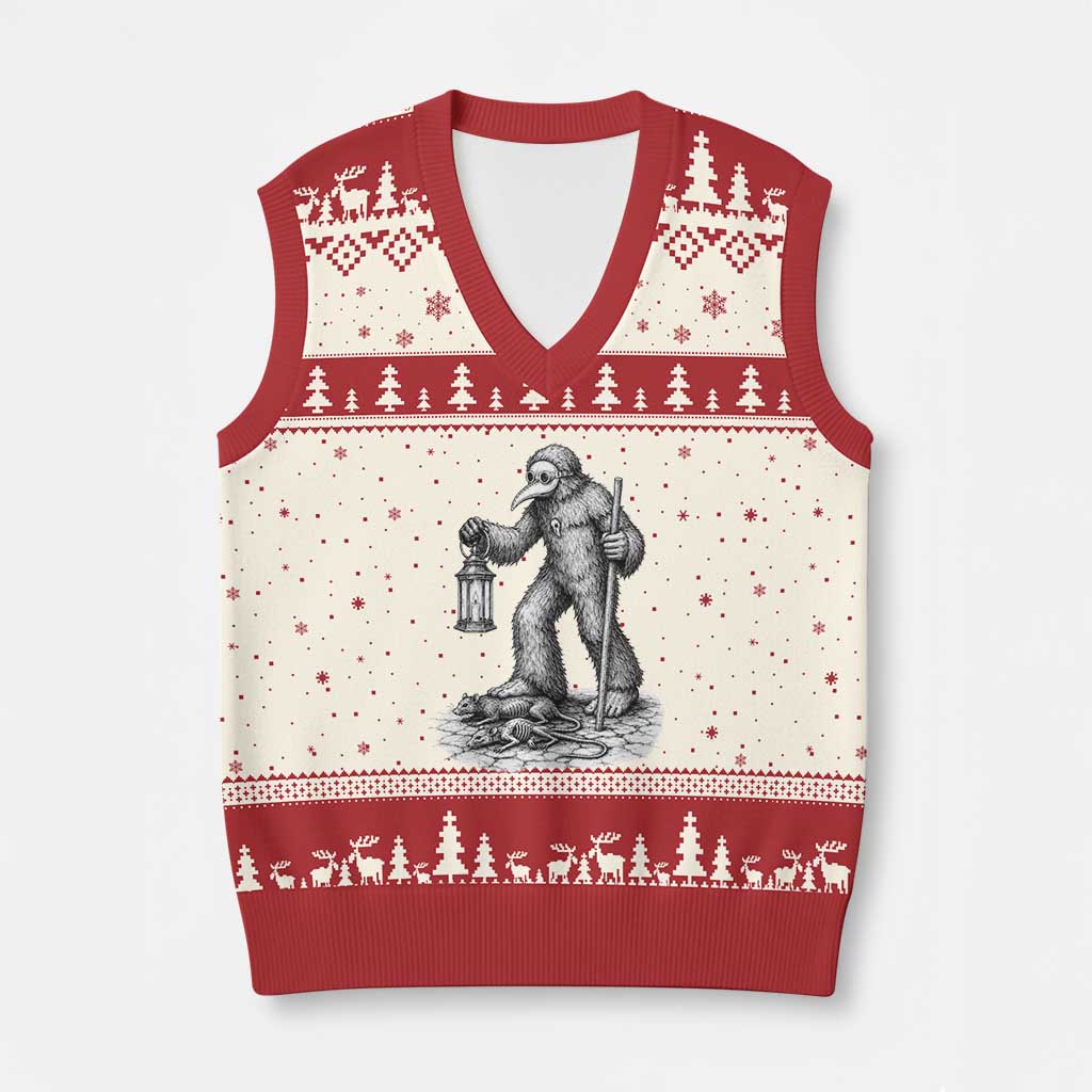 Gothic Plague Doctor Bigfoot V-Neck Knit Sweater Vest Horror Cryptid Spooky Folklore