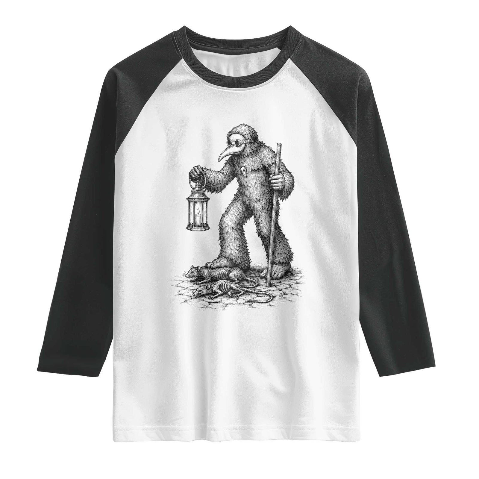 Gothic Plague Doctor Bigfoot Raglan Shirt Horror Cryptid Spooky Folklore