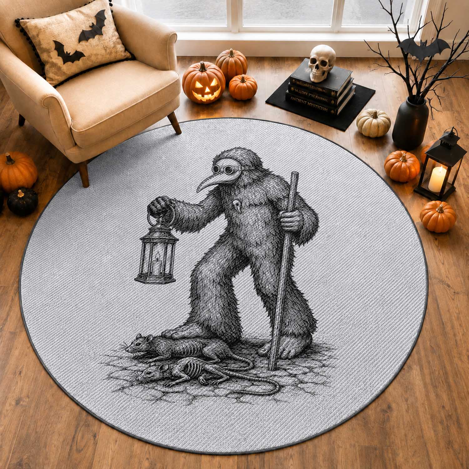 Gothic Plague Doctor Bigfoot Round Rug Horror Cryptid Spooky Folklore