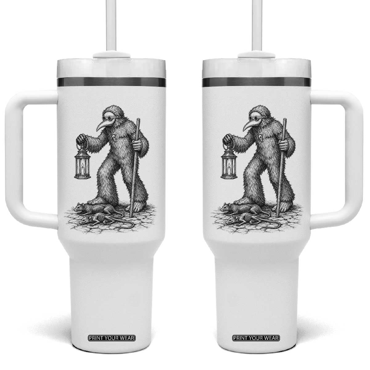 Gothic Plague Doctor Bigfoot Tumbler With Handle Horror Cryptid Spooky Folklore