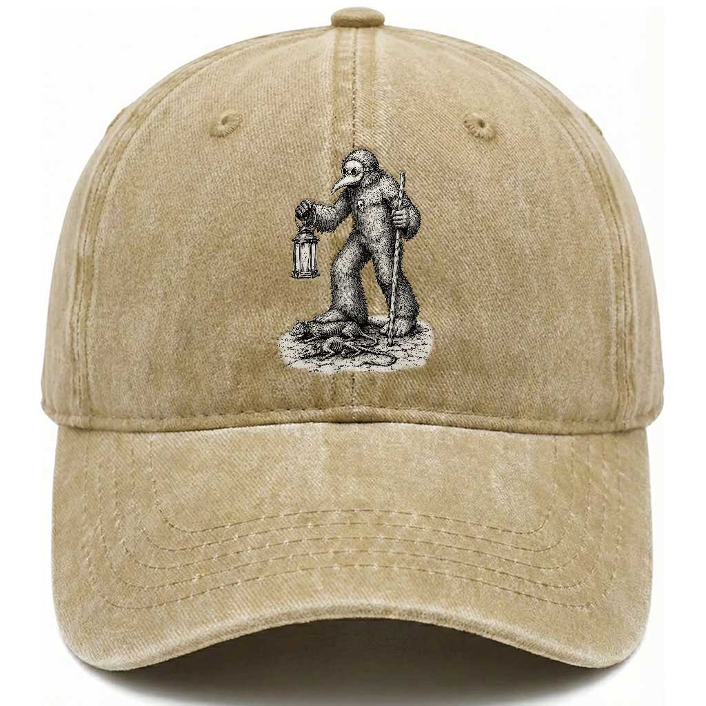 Gothic Plague Doctor Bigfoot Washed Cotton Baseball Cap Horror Cryptid Spooky Folklore