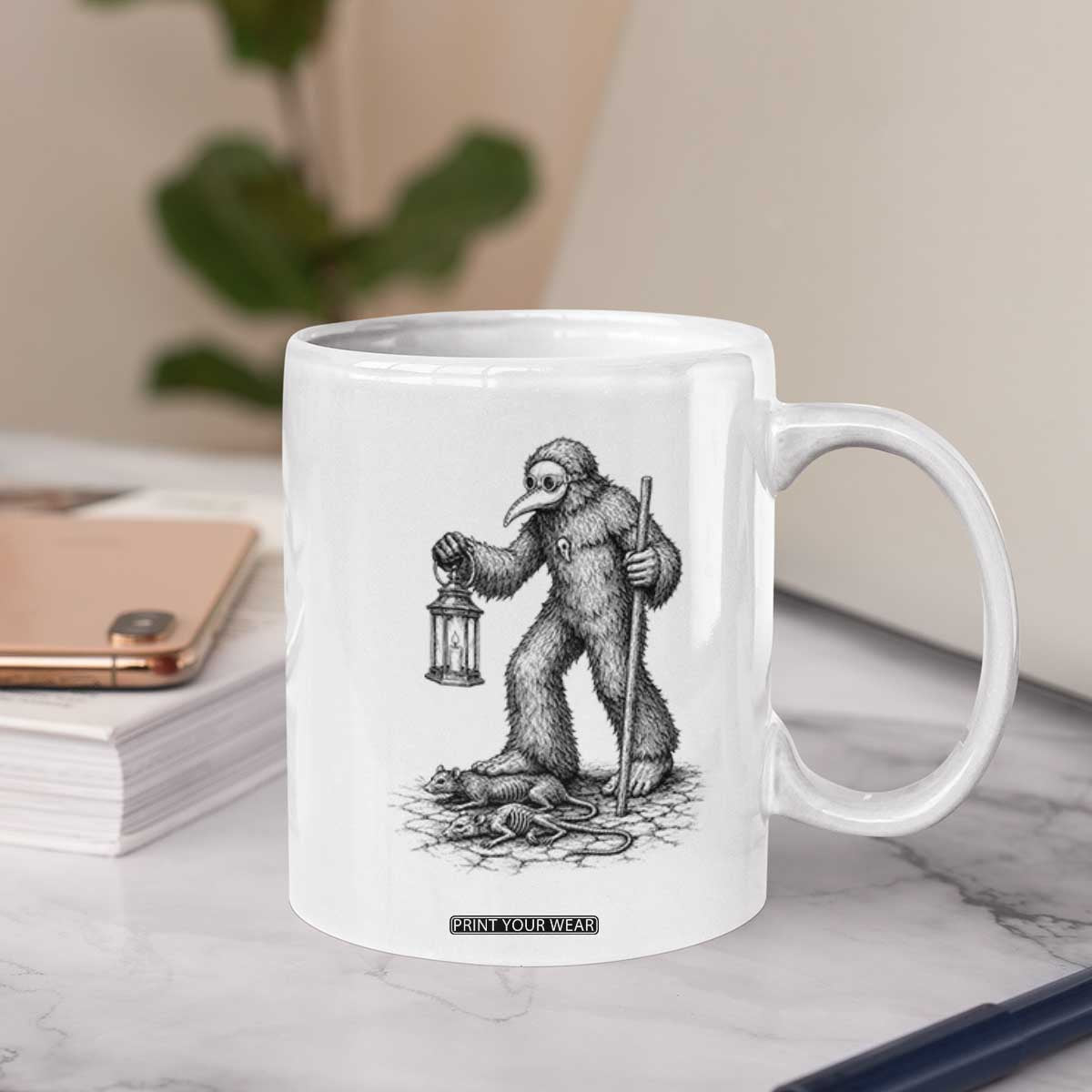 Gothic Plague Doctor Bigfoot Coffee Mug Horror Cryptid Spooky Folklore
