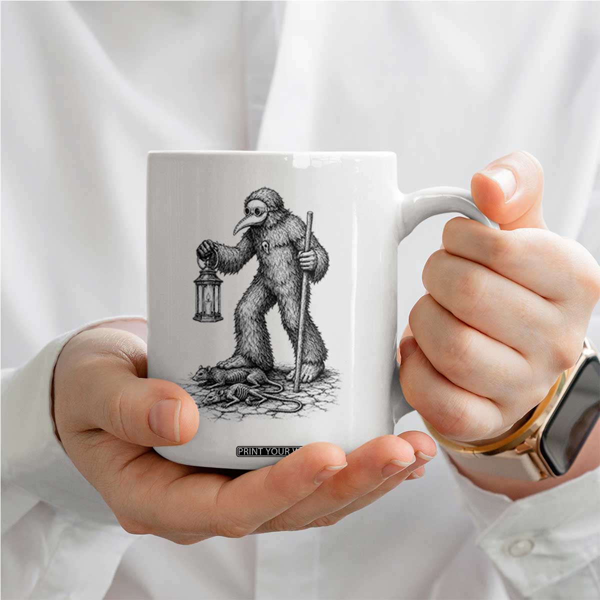 Gothic Plague Doctor Bigfoot Coffee Mug Horror Cryptid Spooky Folklore