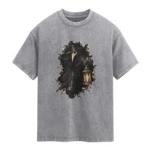 Gothic Plague Doctor Horror Washed Cotton T-Shirt Spooky Medieval Dark Folklore