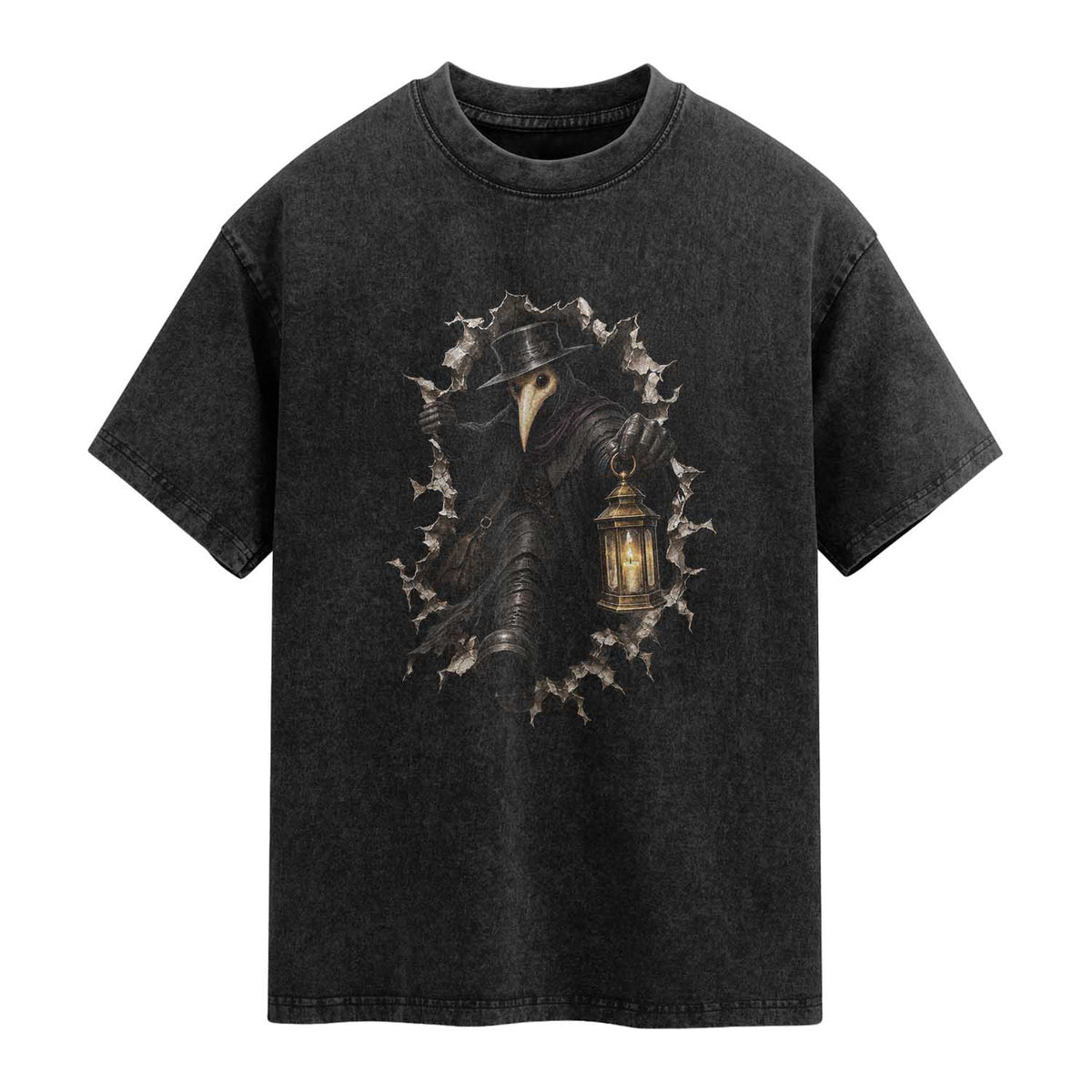 Gothic Plague Doctor Horror Washed Cotton T-Shirt Spooky Medieval Dark Folklore